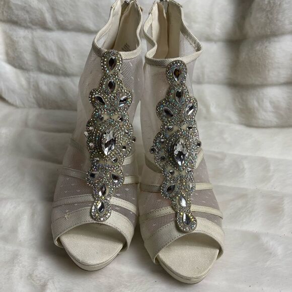 De Blossom collection beige iridescent textile & mesh ankle platform heels SZ10 - Picture 4 of 11